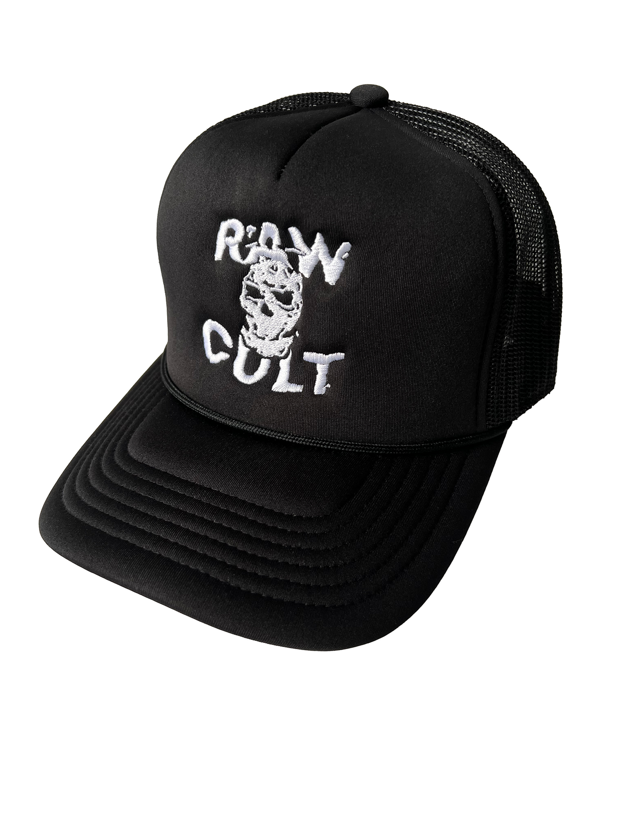 RAW CULT | Gorra de camionero de espuma con máscara bordada CULT - Blanco sobre negro