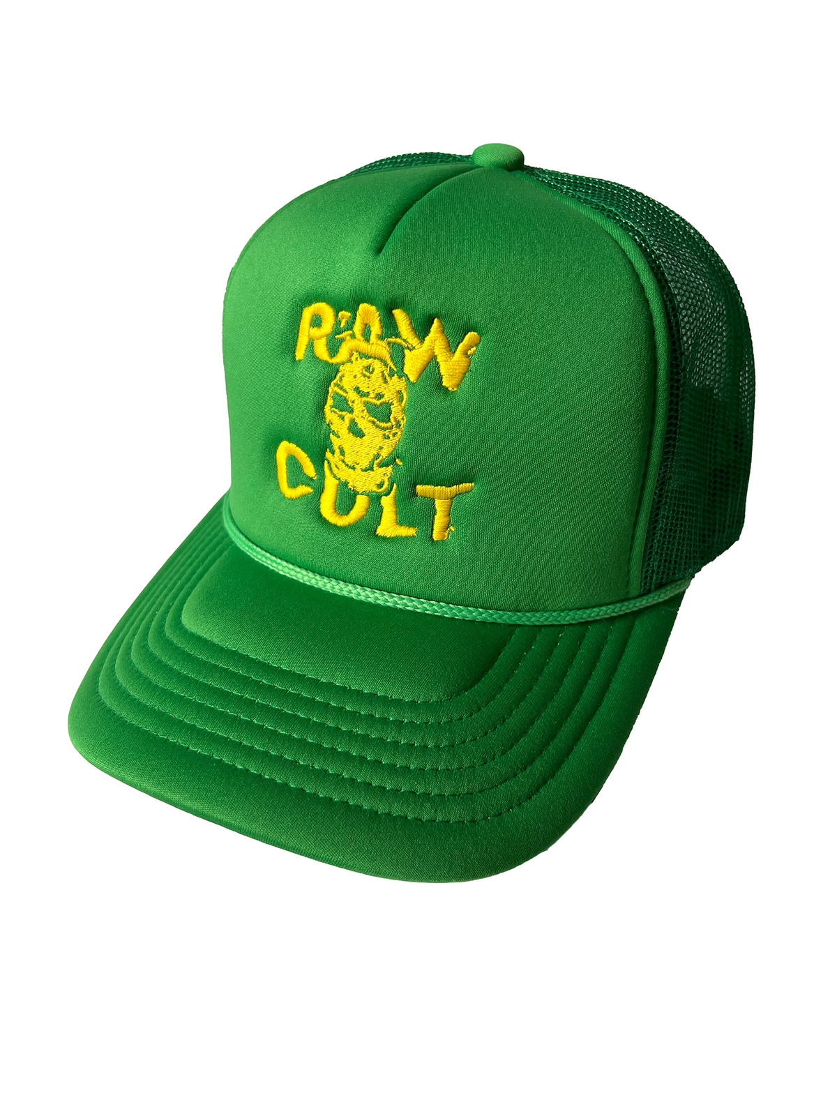 RAW CULT | Gorra de camionero de espuma con máscara bordada CULT - Amarillo sobre verde