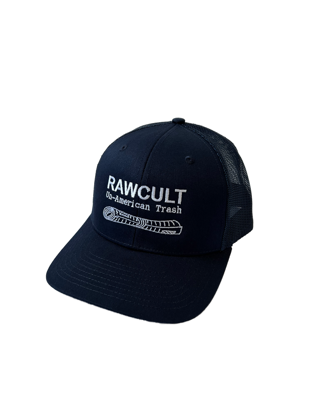 RAW CULT | Casquette snapback camionneur Un-American Trash - Bleu marine avec broderie blanche