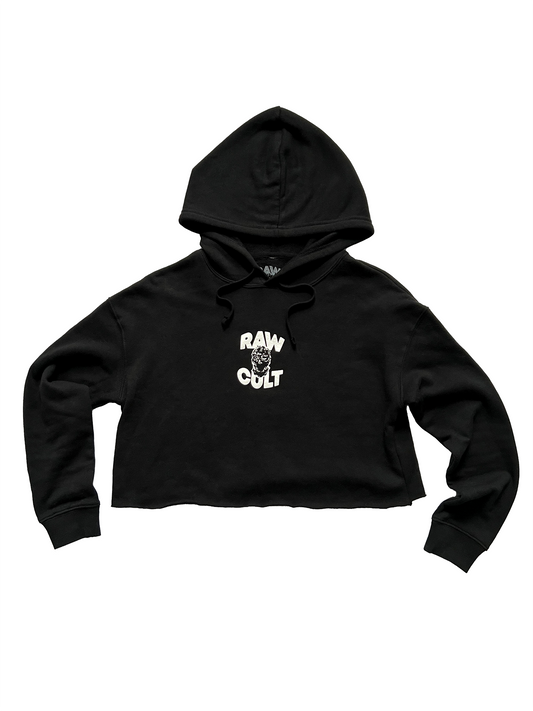 Sudadera corta con capucha RAW CULT | Mask CULT - Blanco sobre negro