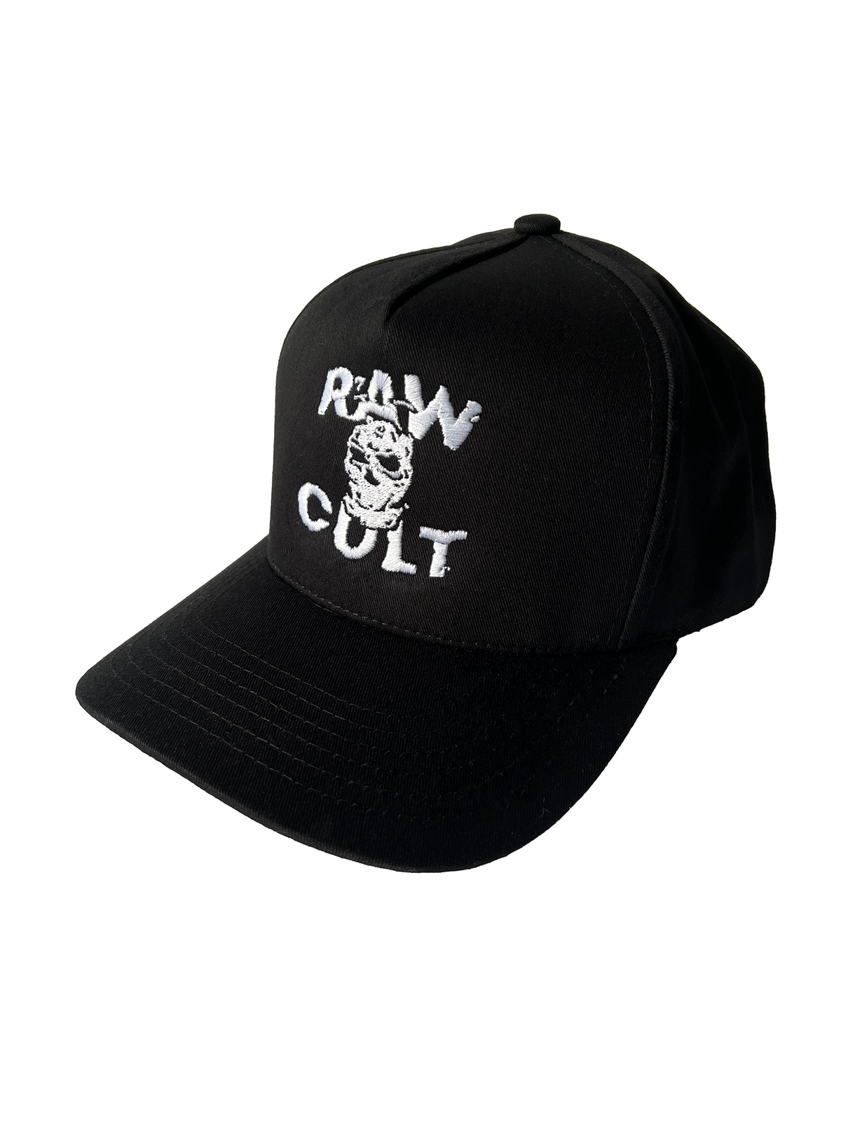 RAW CULT | Gorra con máscara bordada CULT - Blanco sobre negro