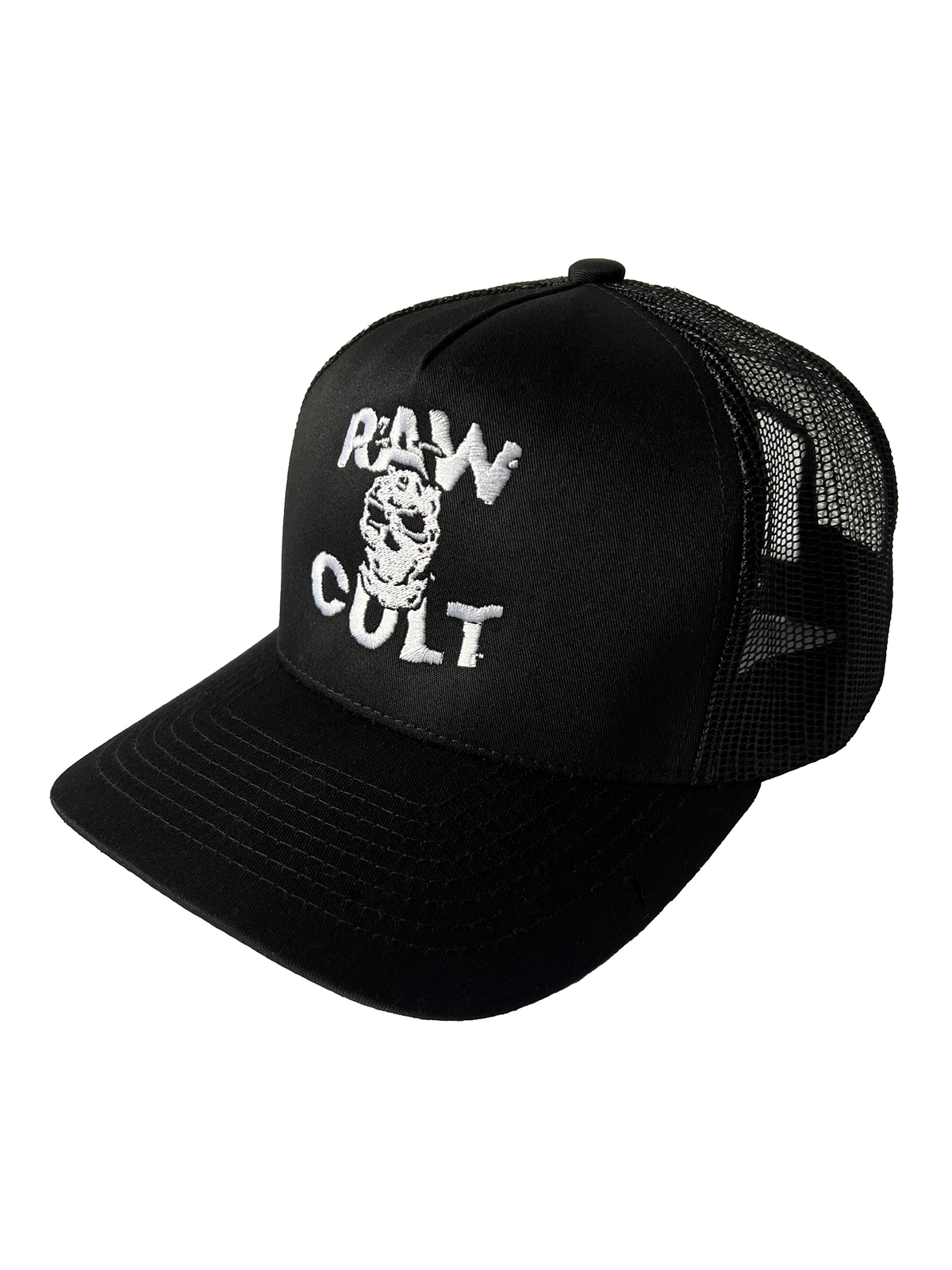 RAW CULT | Mascarilla bordada CULT con malla trasera - Blanco sobre negro