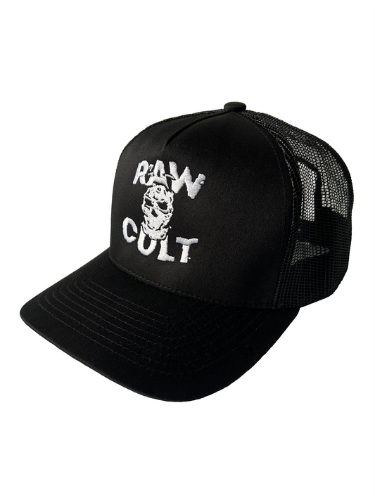RAW CULT | Mascarilla bordada CULT con malla trasera - Blanco sobre negro