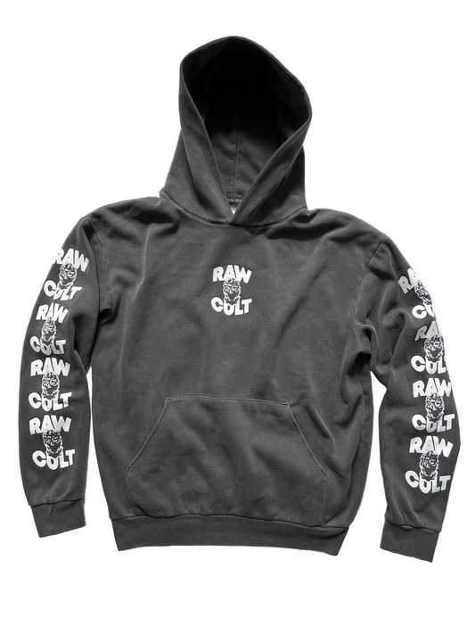 Sudadera con capucha RAW CULT | Mask CULT - Blanco sobre negro pigmentado