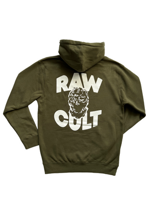 RAW CULT | Sweat à capuche Mask CULT - Blanc sur vert militaire