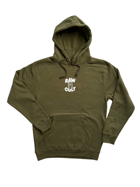 Sudadera con capucha RAW CULT | Mask CULT - Blanco sobre verde militar