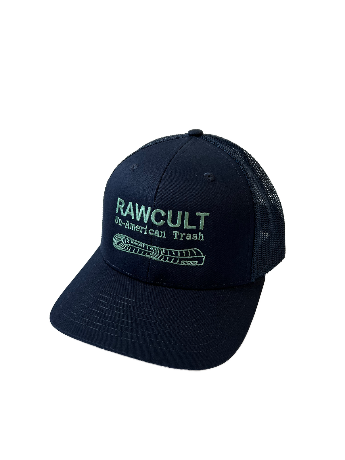 RAW CULT | Casquette snapback camionneur anti-américaine Trash - Bleu marine avec broderie vert argent